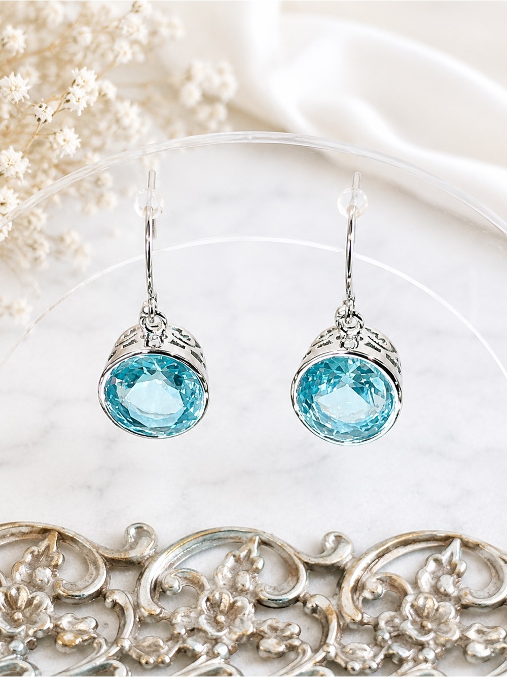 NEW! Silver Tone Filigree Set Aqua Blue Topaz Colored Drop Earrings